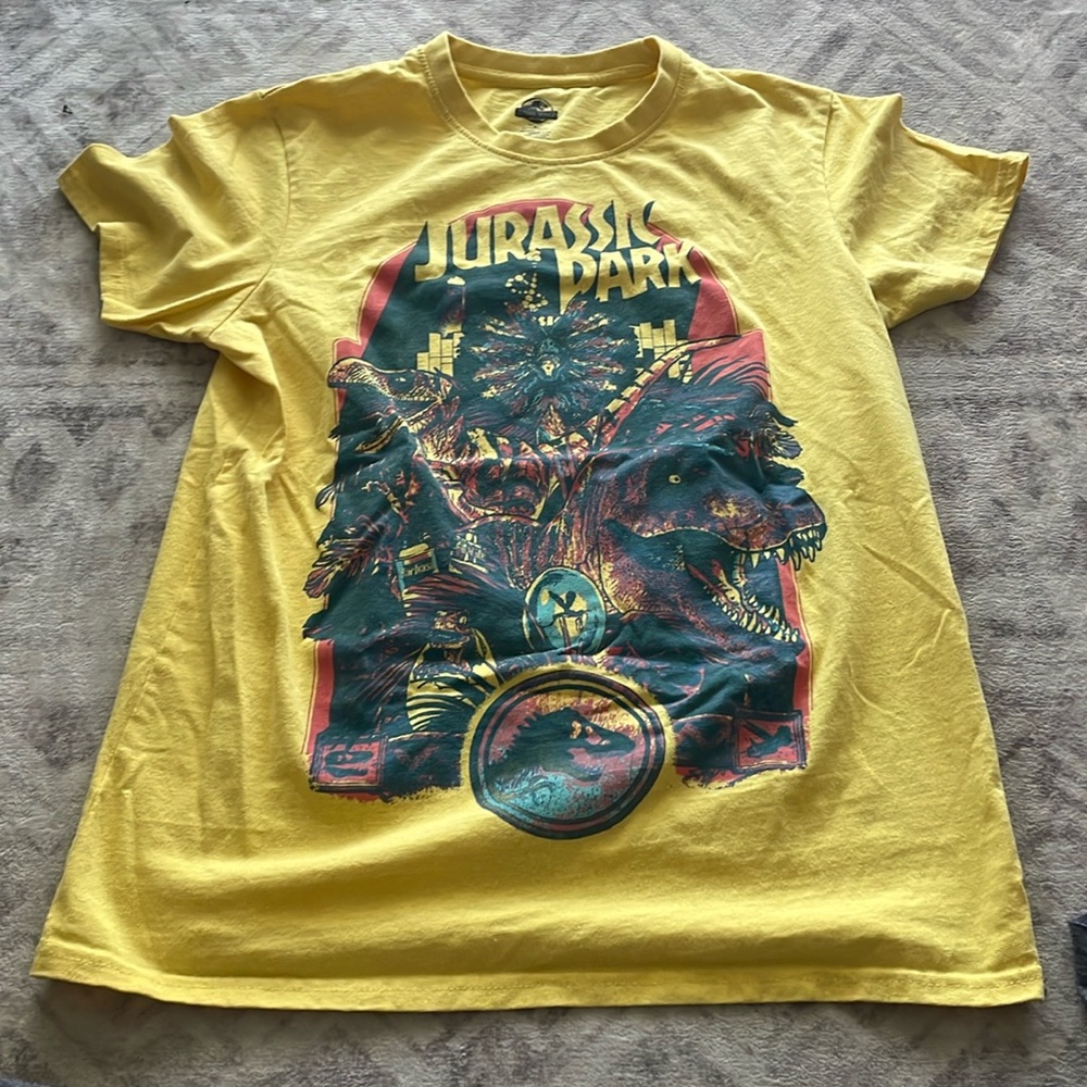 Medium yellow T shirt with Jurassic park picture on the front